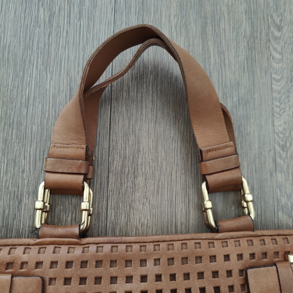 Michael Kors Tan Brown Square Laser Cut Perforated Leather Tote Bag - Picture 3 of 15